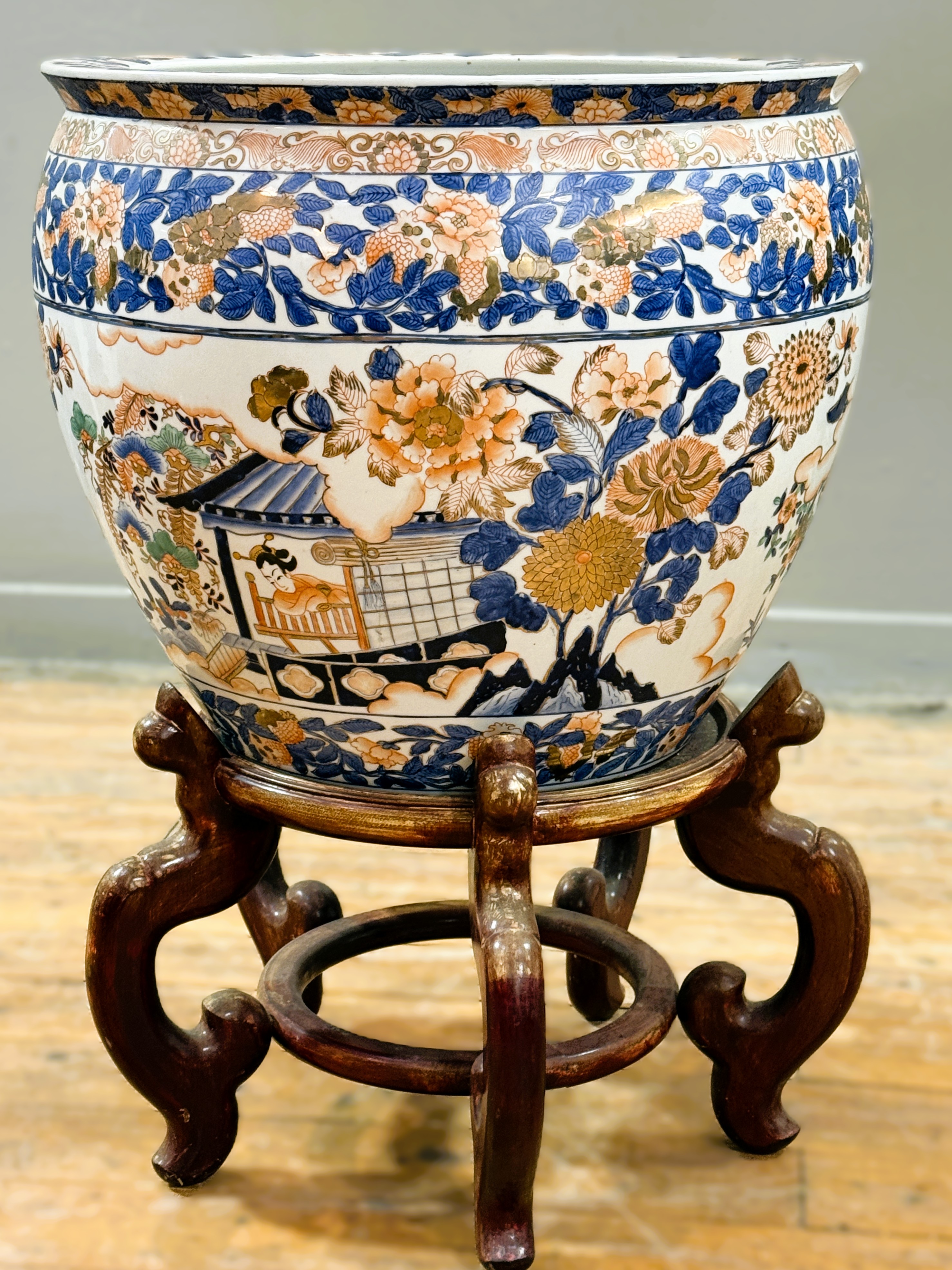 A modern large Japanese porcelain goldfish bowl raised on stained hardwood stand, decorated with - Image 2 of 6