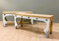 A pair of 19thc pine country house side tables with pierced Gothic detail on Gothic form shaped