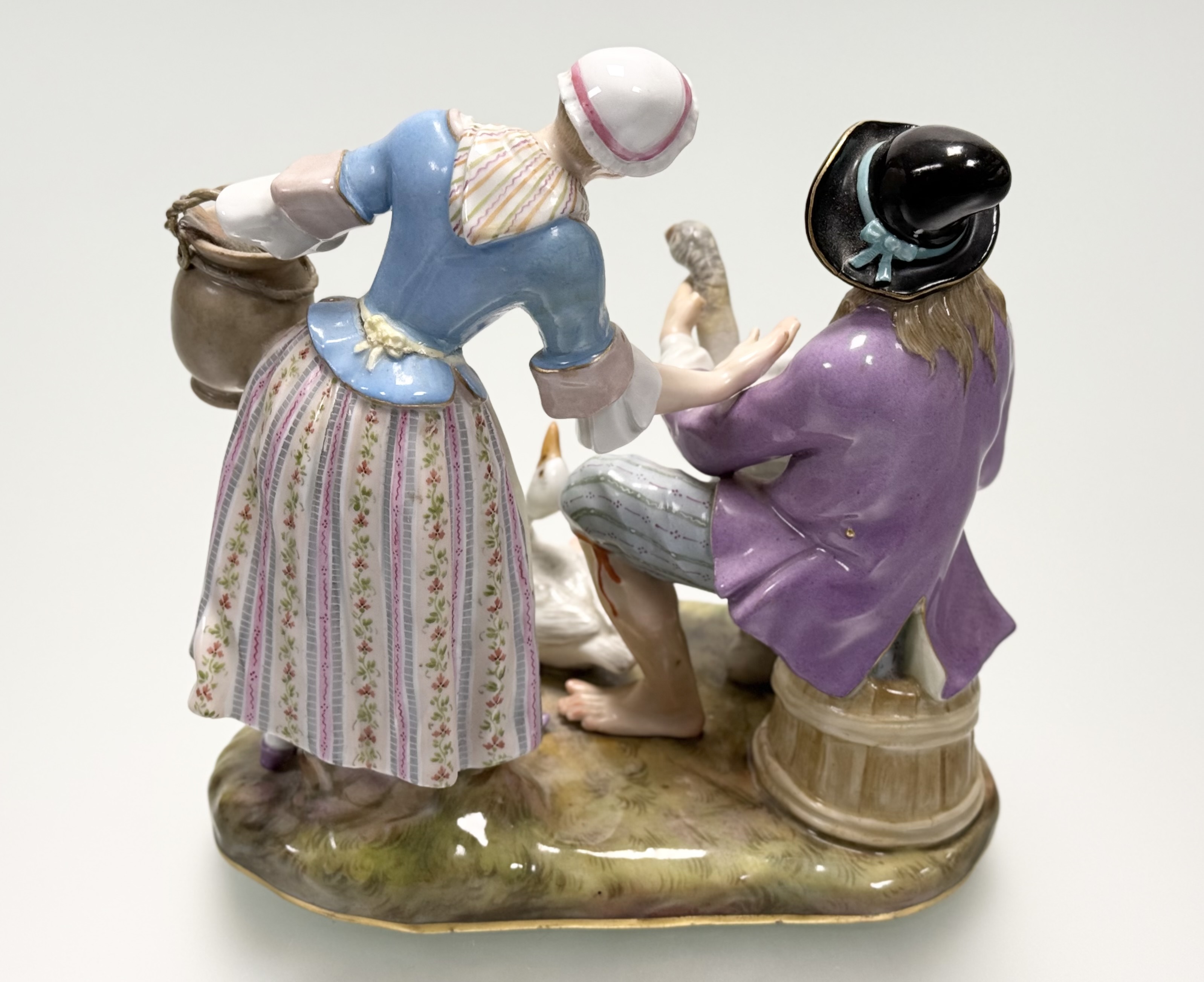 A Meissen porcelain figure group, The Goose Seller, after a model by J.J. Kandler, probably late - Image 2 of 3