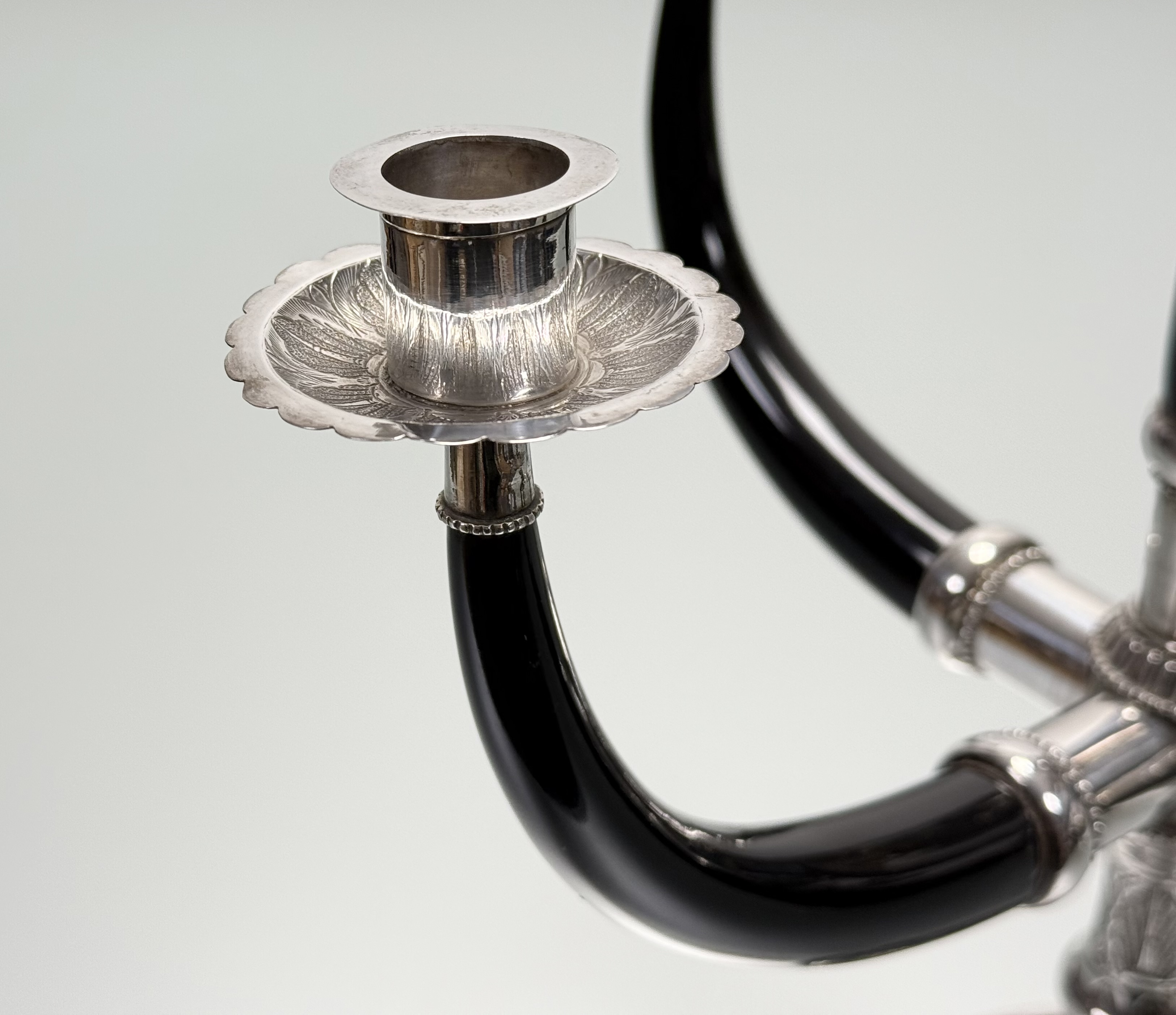 A South-East Asian silver (unmarked) and ebony five-light candelabrum, 20th century, the circular - Image 2 of 4