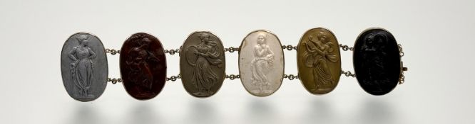 A 19th century lava cameo bracelet, formed of six oval cameos carved with Classical Muses, mounted