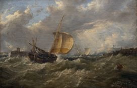 French School, 19th Century, Coastal Shipping in Stormy Waters, unsigned, oil on canvas, in a gilt-