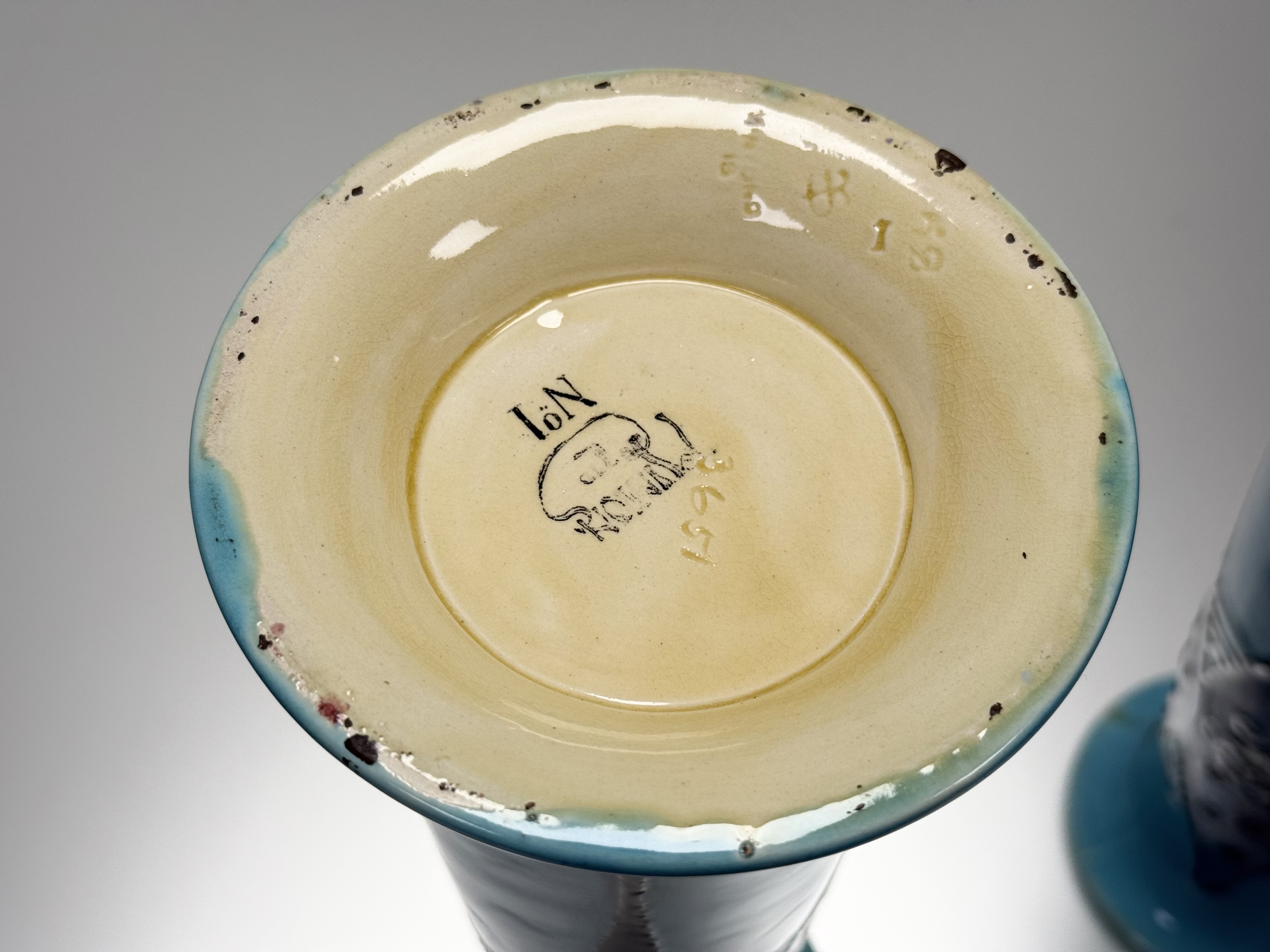 A pair of Minton "Secessionist" Ware vases, of tapering cylindrical form, tubelined and painted with - Image 4 of 5