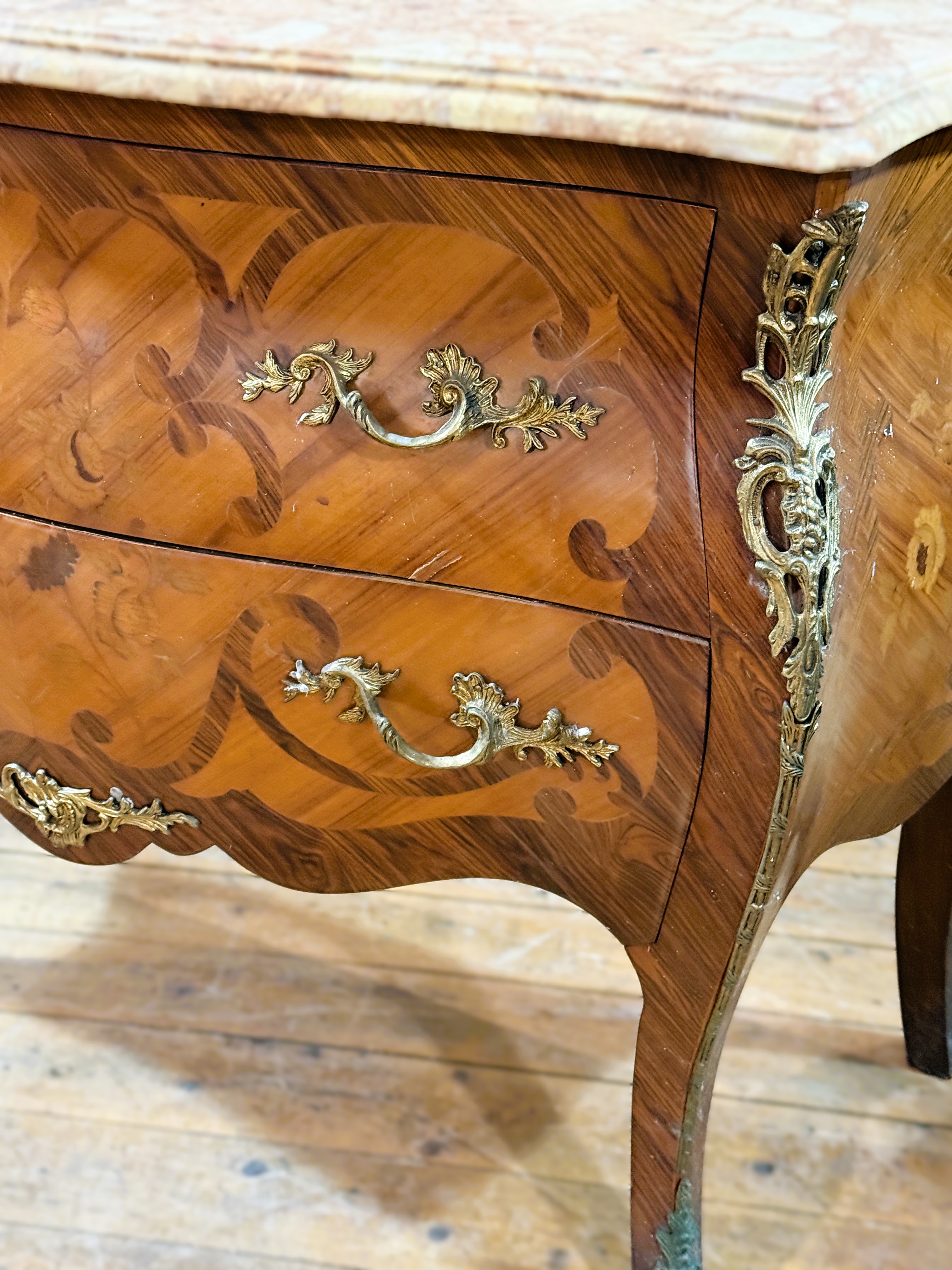A 20thc. walnut and rosewood veneered bombe commode in the Louis XVI style, with shaped marble top - Image 3 of 6
