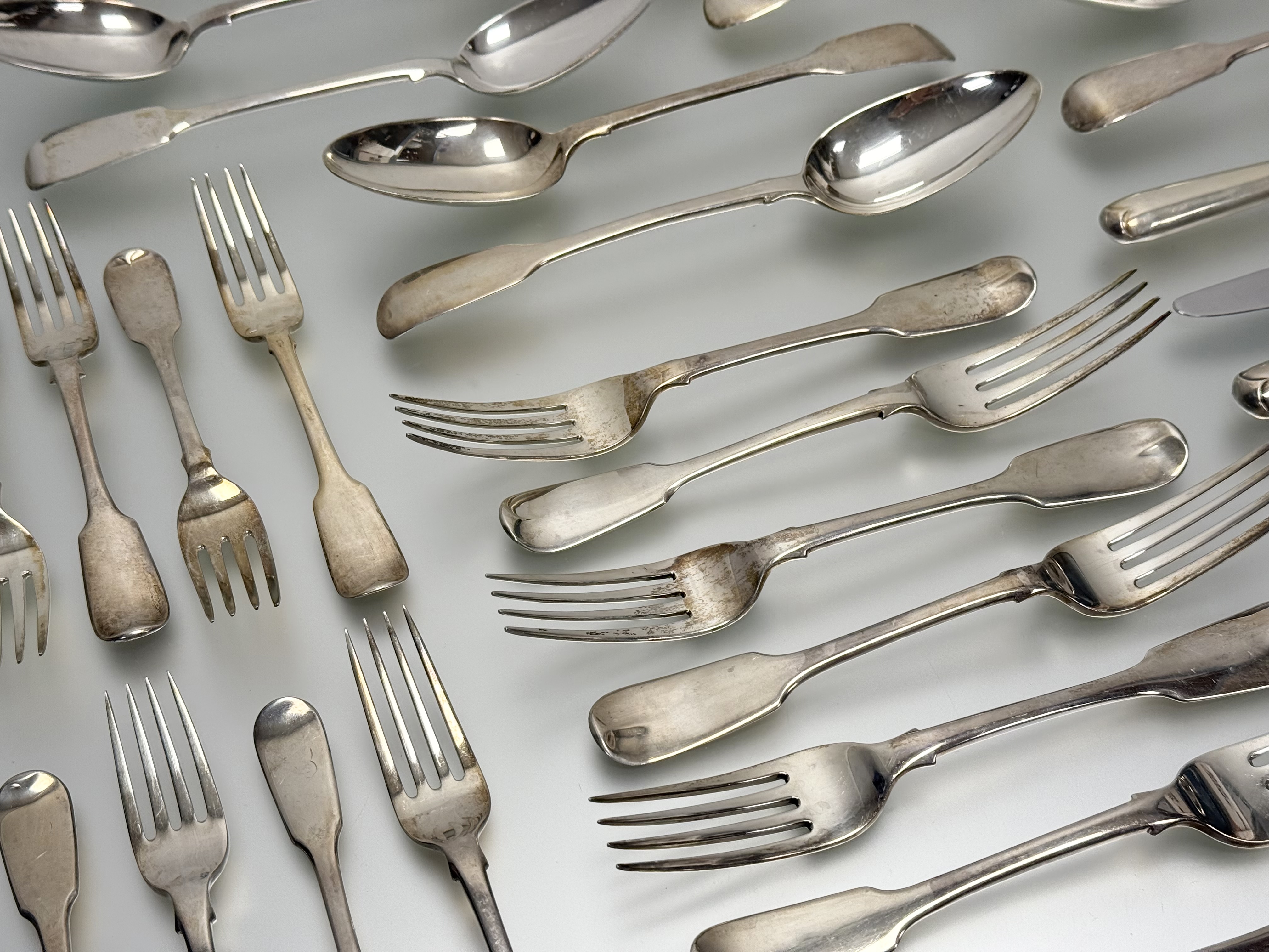 A George III style crossbanded walnut canteen table containing a composed silver flatware service, - Image 3 of 12