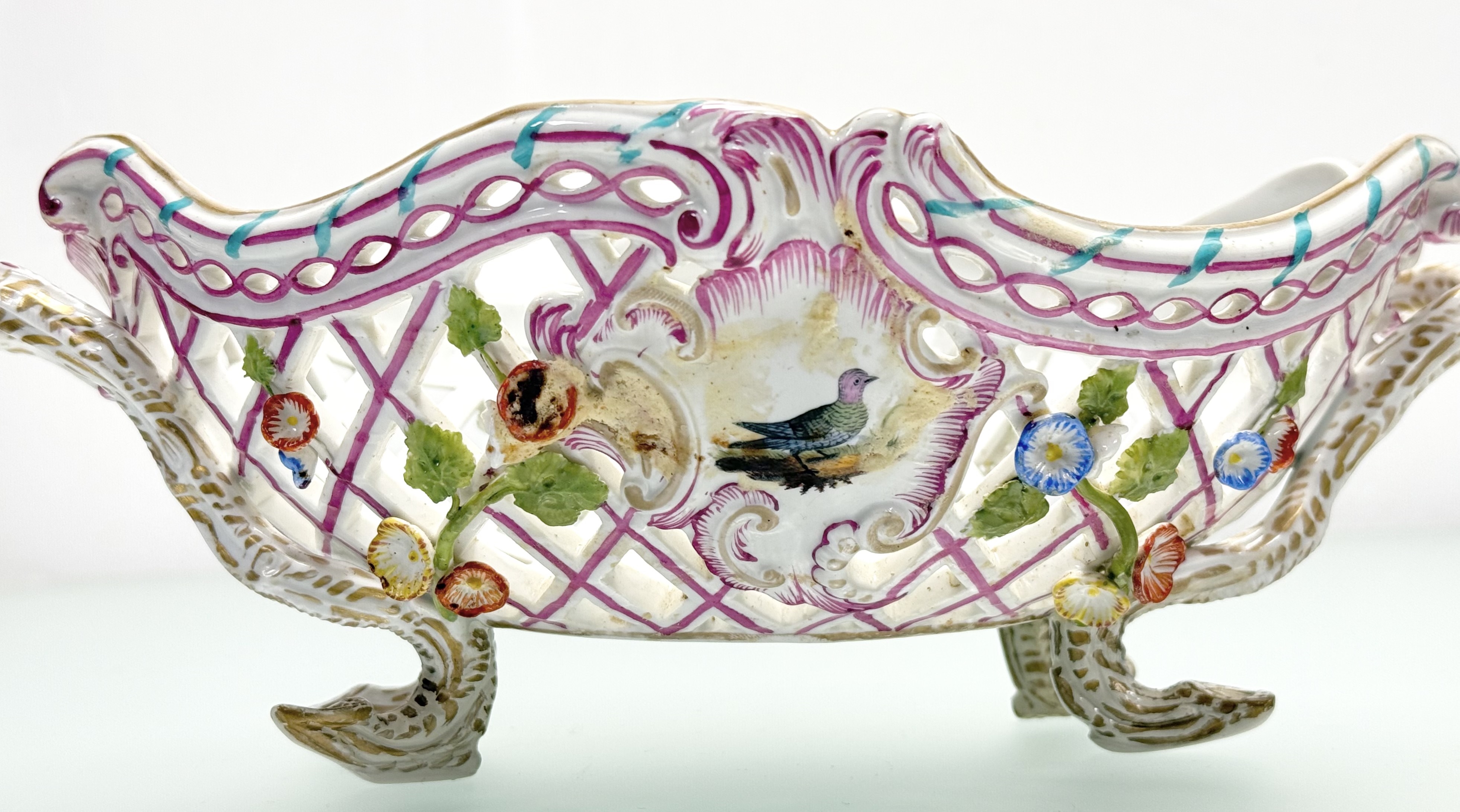 A pair of K.P.M. Berlin porcelain baskets, 19th century, oval, reticulated and floral-encrusted, - Image 2 of 7
