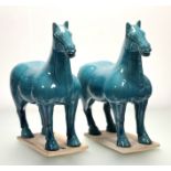 A large pair of Chinese turquoise-glazed Tang style horses, modern. Height 50cm, length 51cm