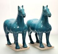A large pair of Chinese turquoise-glazed Tang style horses, modern. Height 50cm, length 51cm