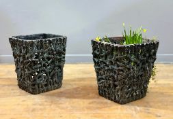 A pair of late 19thc fireclay square tapering rustic garden planters of interlocking branch