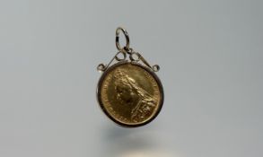 A Victorian full sovereign, 1889, Jubilee Head, in a 9ct gold pendant mount. Total weight 10 grams.