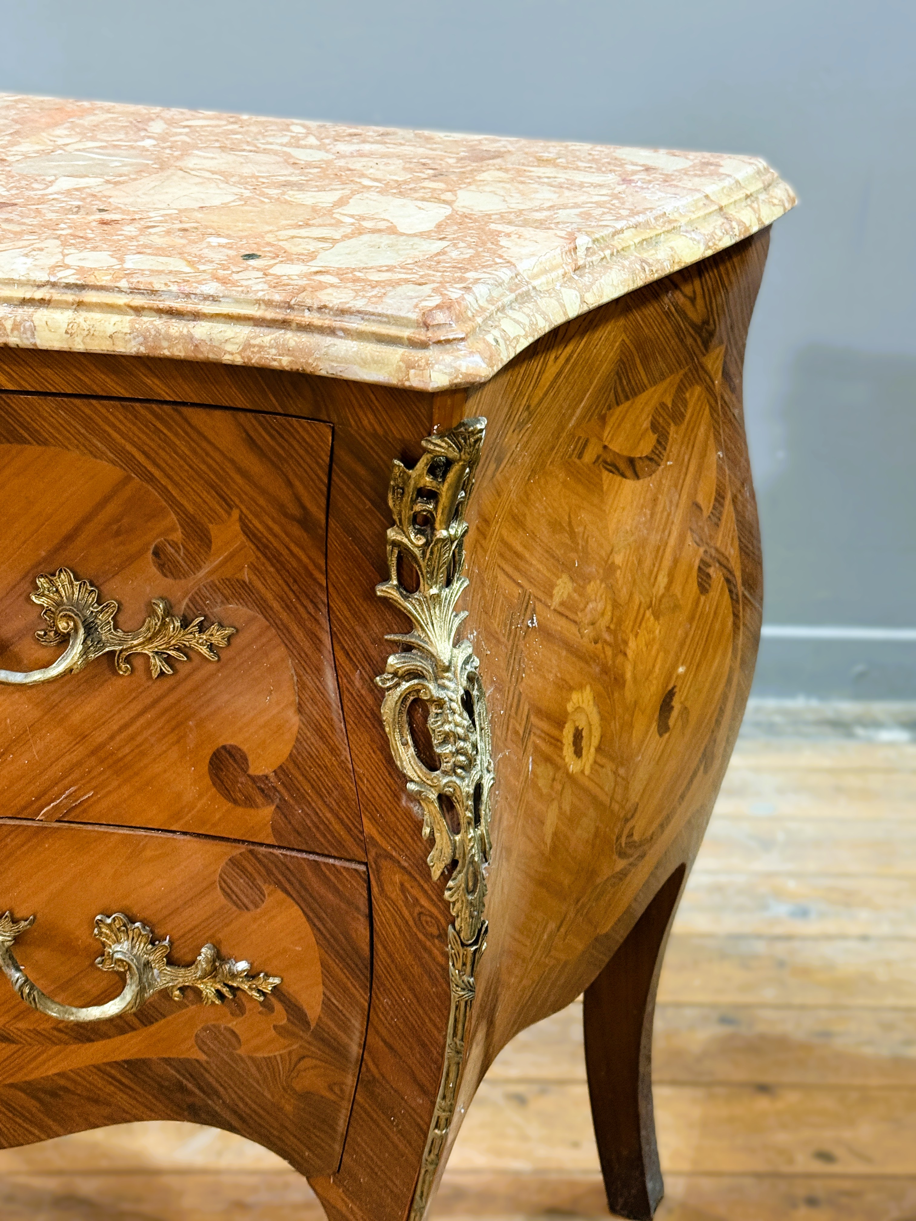 A 20thc. walnut and rosewood veneered bombe commode in the Louis XVI style, with shaped marble top - Image 2 of 6
