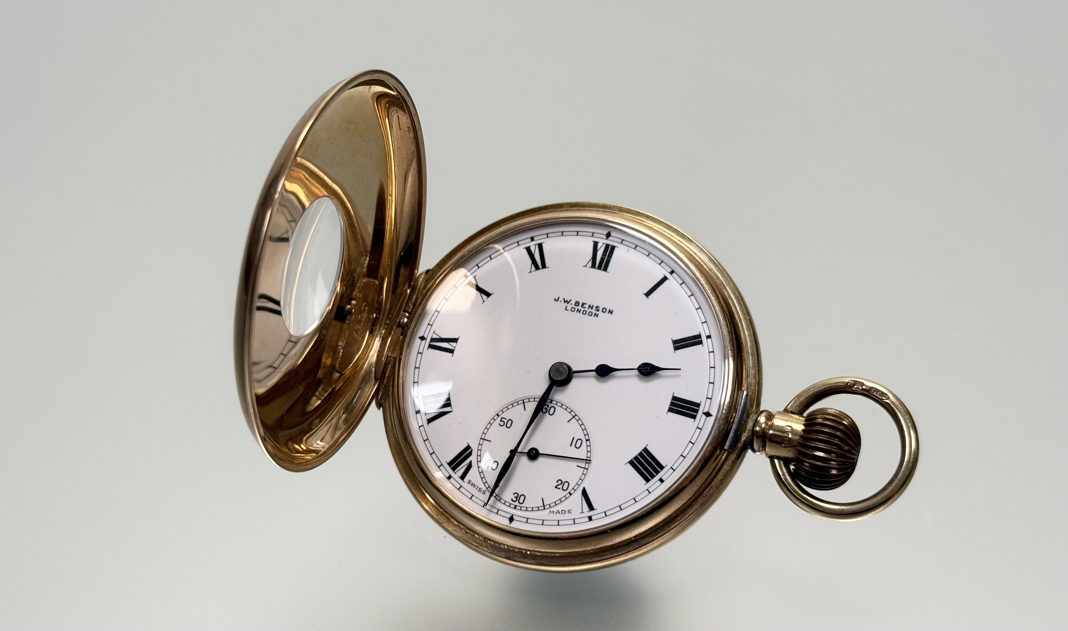 A George V 9ct gold half hunter pocket watch, the case hallmarked for Birmingham 1929, Benson London - Image 2 of 6