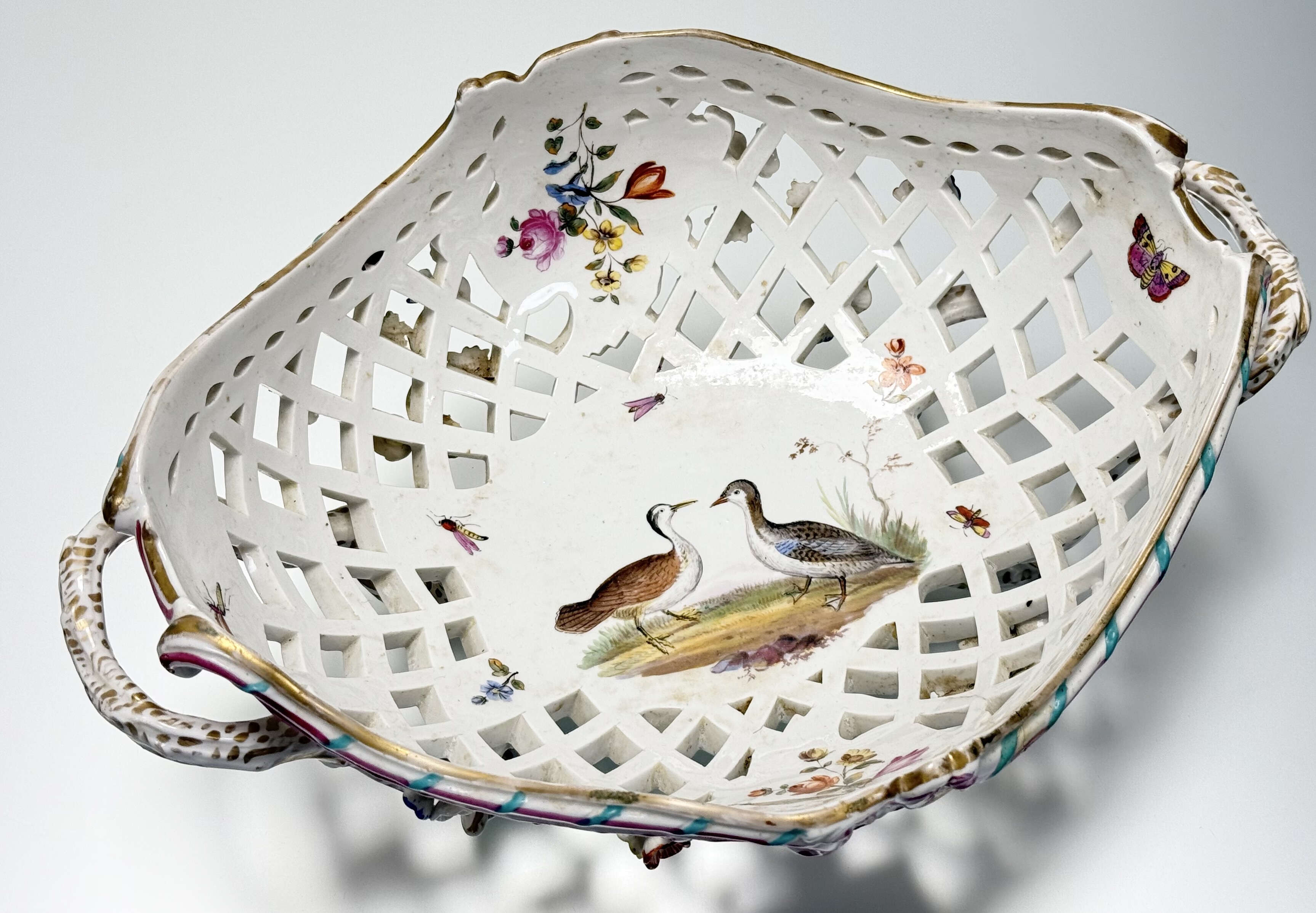 A pair of K.P.M. Berlin porcelain baskets, 19th century, oval, reticulated and floral-encrusted, - Image 5 of 7