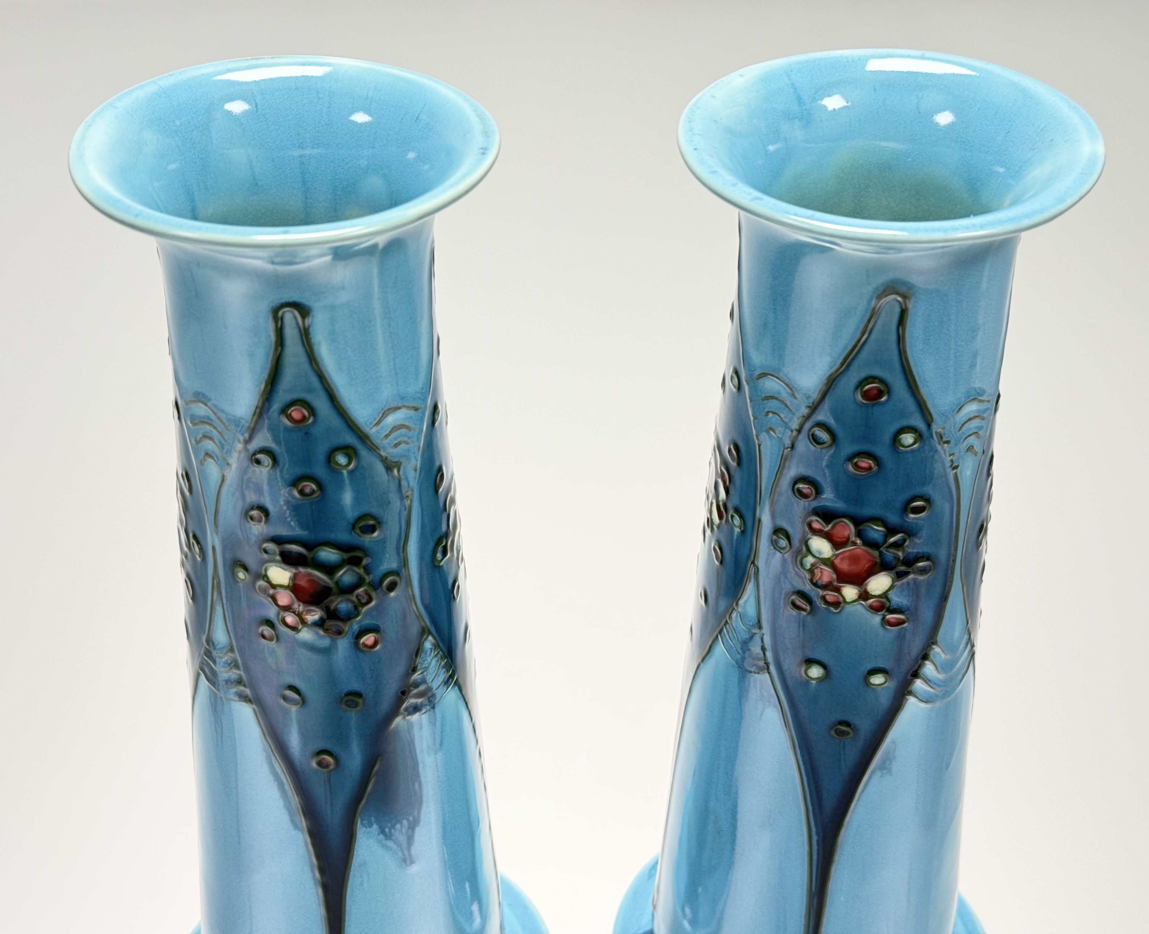 A pair of Minton "Secessionist" Ware vases, of tapering cylindrical form, tubelined and painted with - Image 2 of 5