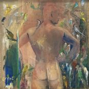 Y Brent Millar (Scottish, b. 1950), Male Nude with Parakeets, signed lower left, oil on canvas,