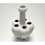A Chinese celadon-glazed porcelain garlic-neck tulip vase of bulbous pentafoil form, 20th century,
