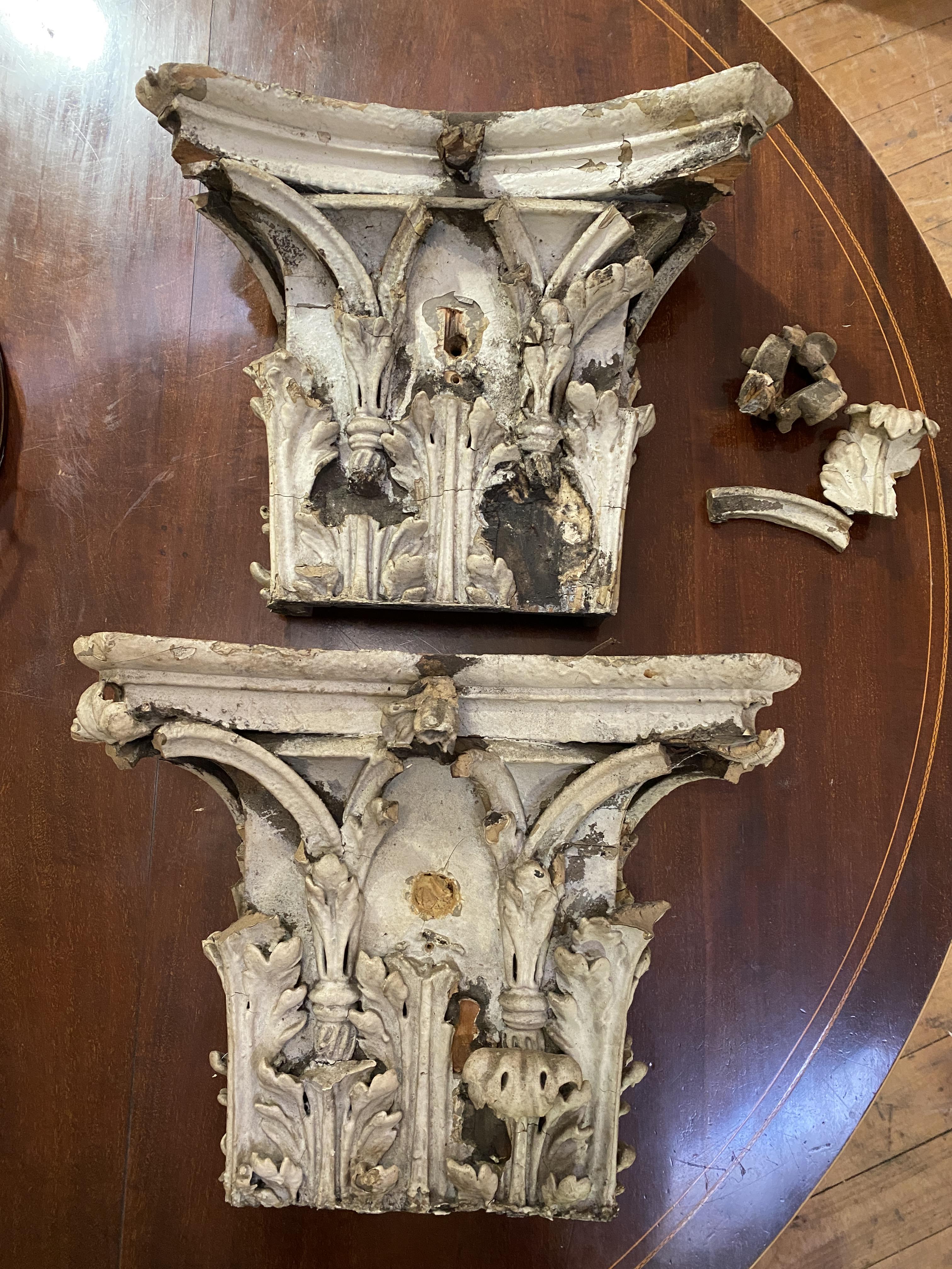 A pair of pitch pine pilasters with Corinthian capitals, tapering, the capitals of carved wood and - Image 6 of 9