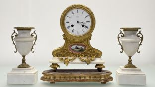 A late 19th century French ormolu and alabaster clock garniture, the clock with twin train eight day