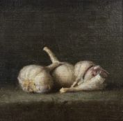 Still Life of Garlic Bulbs, indistinctly signed verso and dated 2006, oil on canvas, in a carved
