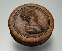 A French pressed burrwood snuff box, c. 1810, the cover with a portrait of Marie Therese of