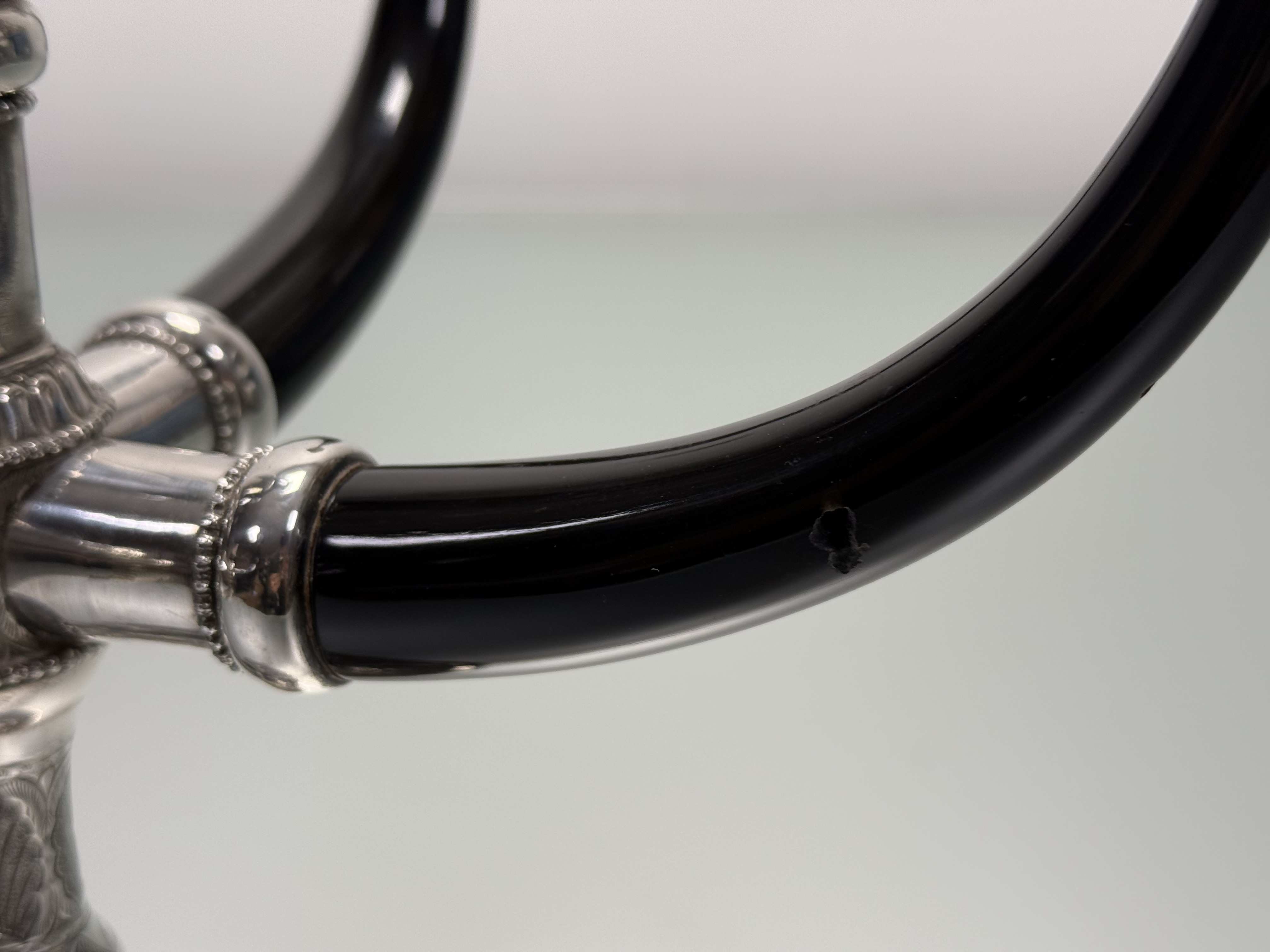 A South-East Asian silver (unmarked) and ebony five-light candelabrum, 20th century, the circular - Image 4 of 4
