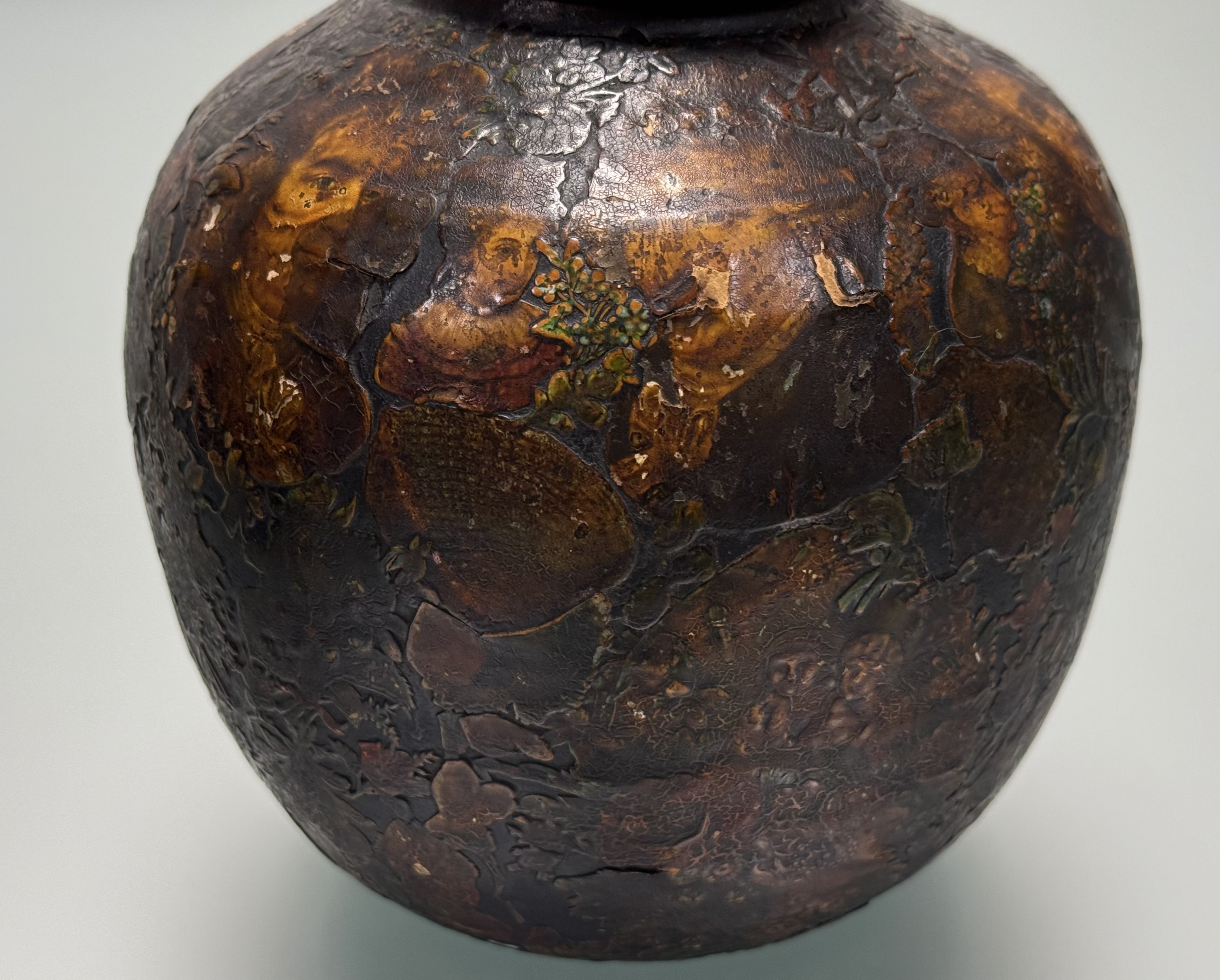 A pair of 19th century decoupage pottery urns, applied with figures and flowers, and with domed - Image 2 of 7