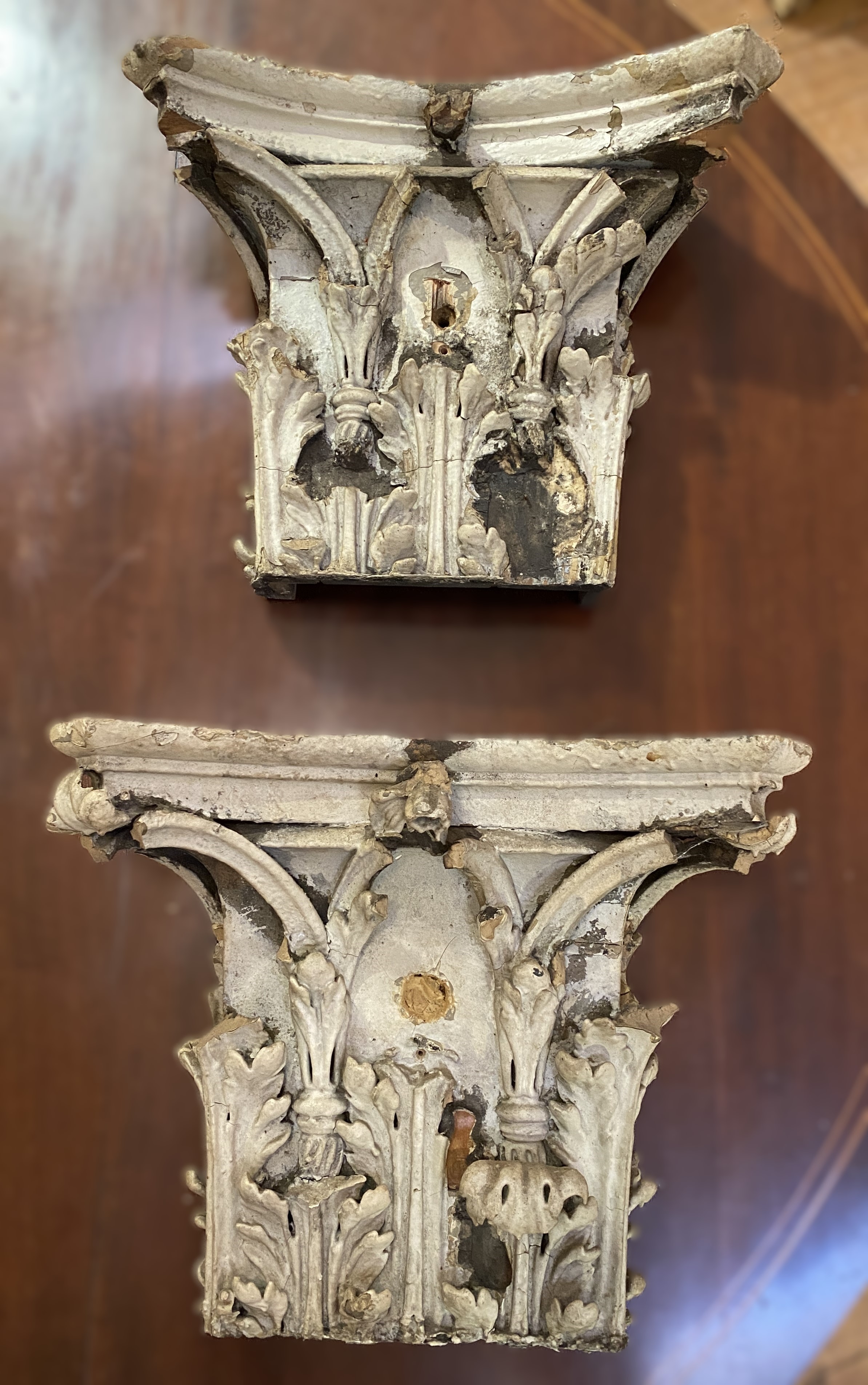 A pair of pitch pine pilasters with Corinthian capitals, tapering, the capitals of carved wood and - Image 4 of 9