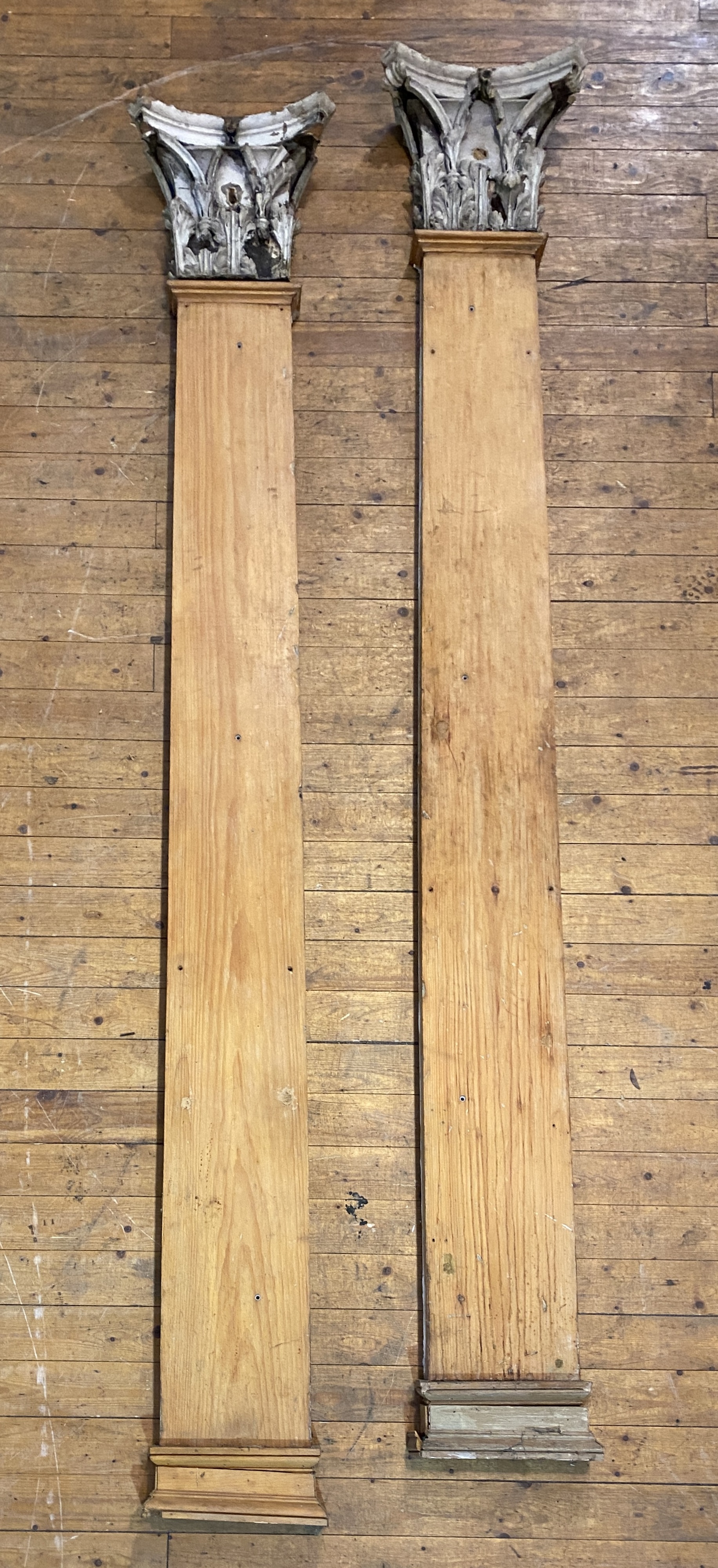 A pair of pitch pine pilasters with Corinthian capitals, tapering, the capitals of carved wood and - Image 2 of 9