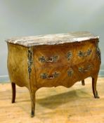 A 20thc French walnut inlaid commode in the Louis XV style with rouge and white marble moulded