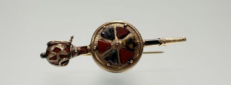 A late 19th Century Scottish agate claymore and shield brooch, set with bloodstone and carnelian and