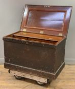 A 19th century pine carpenter's tool chest with mahogany-lined interior, the lift-up top section
