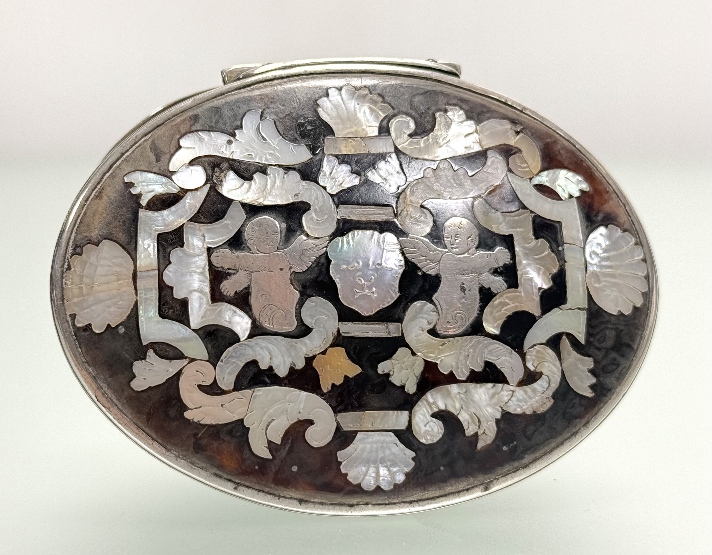 An 18th century mother-of-pearl inlaid tortoiseshell and silver (unmarked) snuff box, oval, the