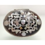 An 18th century mother-of-pearl inlaid tortoiseshell and silver (unmarked) snuff box, oval, the