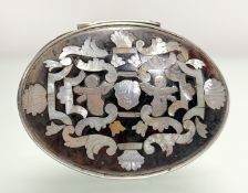An 18th century mother-of-pearl inlaid tortoiseshell and silver (unmarked) snuff box, oval, the