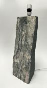 A green slate table lamp with naturalistic side edge and grey and green veining to one side (h.