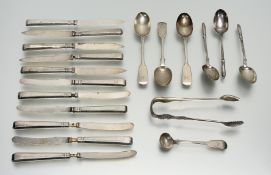 A Victorian set of three Exeter silver fiddle pattern tea spoons, a/f Exeter 1866 73.2g and a pair