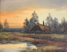 Charles Leslie (British fl. 1835-1980), Rural Cottage at Sunset, oil on canvas, signed bottom
