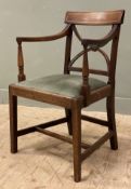 A Regency mahogany carver chair, curved strung back with reeded arms and 'X' splat, drop-in seat