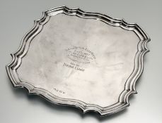 A Birmingham silver presentation drink tray of squared scalloped form with engraved inscription