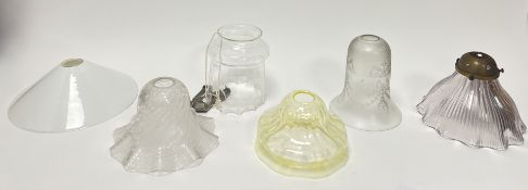 A mixed collection of six glass lamp shades, late 19thc/early 20thc, comprising a milk glass shade