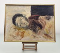 A Contemporary School, Sleeping Figure, mixed media on board, unsigned, framed. (37cmx49.5cm)