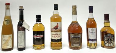 A collection of mixed spirits, comprising a bottle of Drambuie liqueur, 70cl, 40% vol, a bottle of
