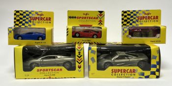 A collection of Maisto die-cast model cars, comprising a Bugatti EB 110 ib blue; a Ferrari 348ts;