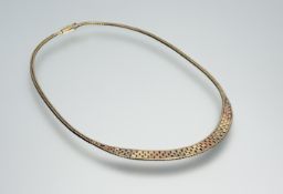 A 9ct three coloured gold flat link necklace with clip fastening: l. x 15cm 17.65g