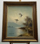 Patrick (British School), Birds in flight, oil on canvas, signed bottom left, in a gilt frame. (49.