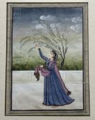 An Indian 20thc School, Still of a young woman picking flowers, gouache/watercolour on paper, in a