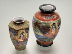 A Japanese satsuma immortals pentagon shaped vase, red seal mark verso (h-15.5cm) together with a