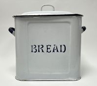 A vintage enamel bread bin, white with blue lettering and twin blue handles (w. 36cm x h. 37cm x