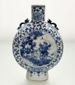 A 19thc Chinese blue and white moon flask vase, with a figural scene to centre enclosed within a
