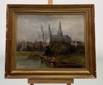 A 20thc European School, View of a Cathedral and lake, oil on board signed James bottom left,